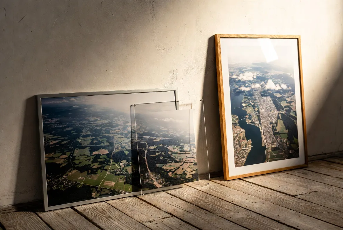 Luftbild-Wandbilder auf Alu-Dibond, Acrylglas und Hahnemühle-Papier an einer Wand
